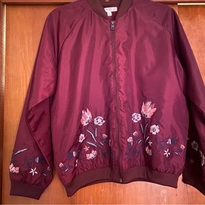 love, Fire maroon embroidered floral bomber jacket size xl